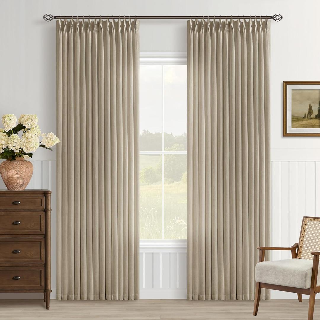 Burlap Flax linen Curtains 84 Inch Long Pinch Pleated 2 Panels for Living Room Bedroom Tan Khaki Light Brown Semi Sheer Boho Rustic Farmhouse Back Tab Pleat Drapes Floor to Ceiling 84 Inch Curtains