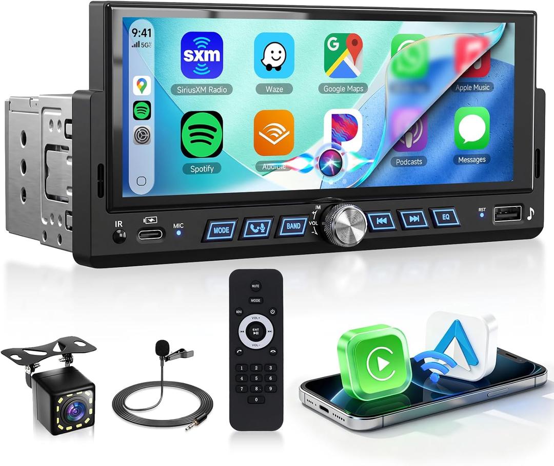 Rimoody 6.86 Inch Single Din Car Stereo Wireless Carplay Android Auto, 1 Din Touch Screen Carplay Radio with Bluetooth 5.2 Mirror Link FM Radio/EQ/USB/AUX/TF/SWC Backup Camera Car Audio Receiver