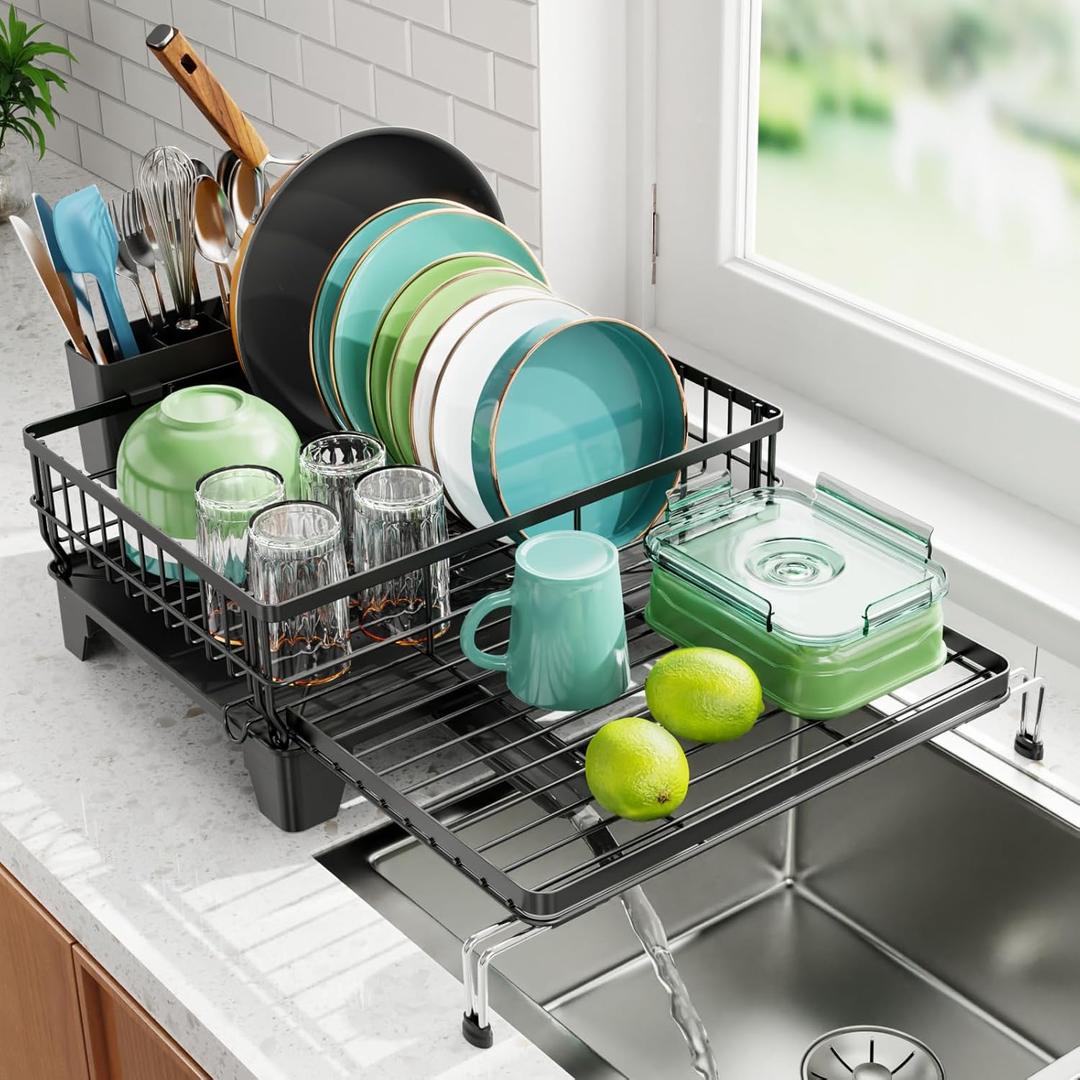 Swedecor Extendable Dish Drying Rack, Large 2-in-1 Dish Racks for Kitchen Counter with Drainboard & Pan Slots, Anti-Rust Over Sink Dish Drainer, 12.6" to 22.4" L x 16.7" W, Black