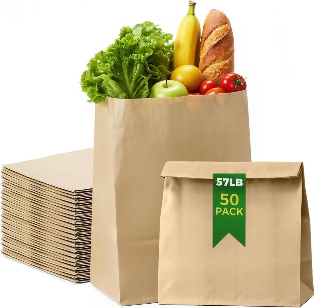 Brown Paper Bags50 Count Heavy Duty Large Kraft Paper Grocery Bags 12x7x17 Inch for Shopping, Storage, Takeout, Retail, Bulk Pack
