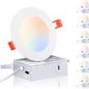 CLOUDY BAY 6 Pack 4 Inch 5CCT Ultra-Thin LED Recessed Ceiling Light with Junction Box,2700K/3000K/3500K/4000K/5000K Selectable,10W Dimmable Canless Wafer Downlight,White,650LM High Brightness