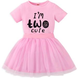 Toddler Girl 2nd Birthday Outfits,Im Two Cute Shirt+Tutu Skirt,Girl 2 Years Old Birthday Clothes (Pink, 90)