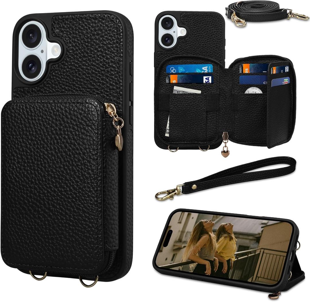 Keallce Case for iPhone 16 6.1'' Case Wallet, Crossbody Zipper Purse with RFID Blocking Card Slots Kickstand, Detachable Lanyard & Handstrap Flip Folio Leather iPhone Cover for iPhone 16, Black