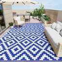 OLANLY Waterproof Outdoor Rug 9x18 ft, Outdoor Plastic Straw Rug for Camping, RV Mat Outside, Outdoor Carpet for Porch, Deck, Backyard, Balcony, Picnic, Blue & White