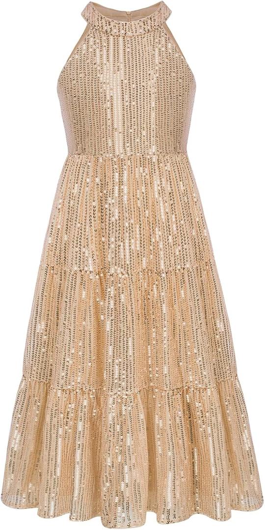 GRACE KARIN Girls Sequin Formal Dress Long Fancy Elegant Sparkle Dress, Gold 12Y