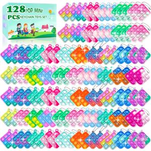 128 Pcs Party Favors Fidget Toys Bulk for Kids 6-8 Fidgets Packs Sensory Stress Bauble Mini Push Pop Keychain Treasure Box Classroom Prizes for Boy Girl Adult Easter Eggs Fillers