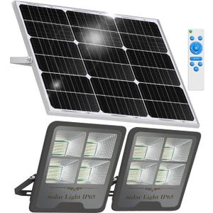 Gebosun Black 2-Pack 300W LED Solar Flood Light, Remote Controlled, Dusk to Dawn, 30,000Lumen, 6000K, IP65 Waterproof for Shed Backyard Garden