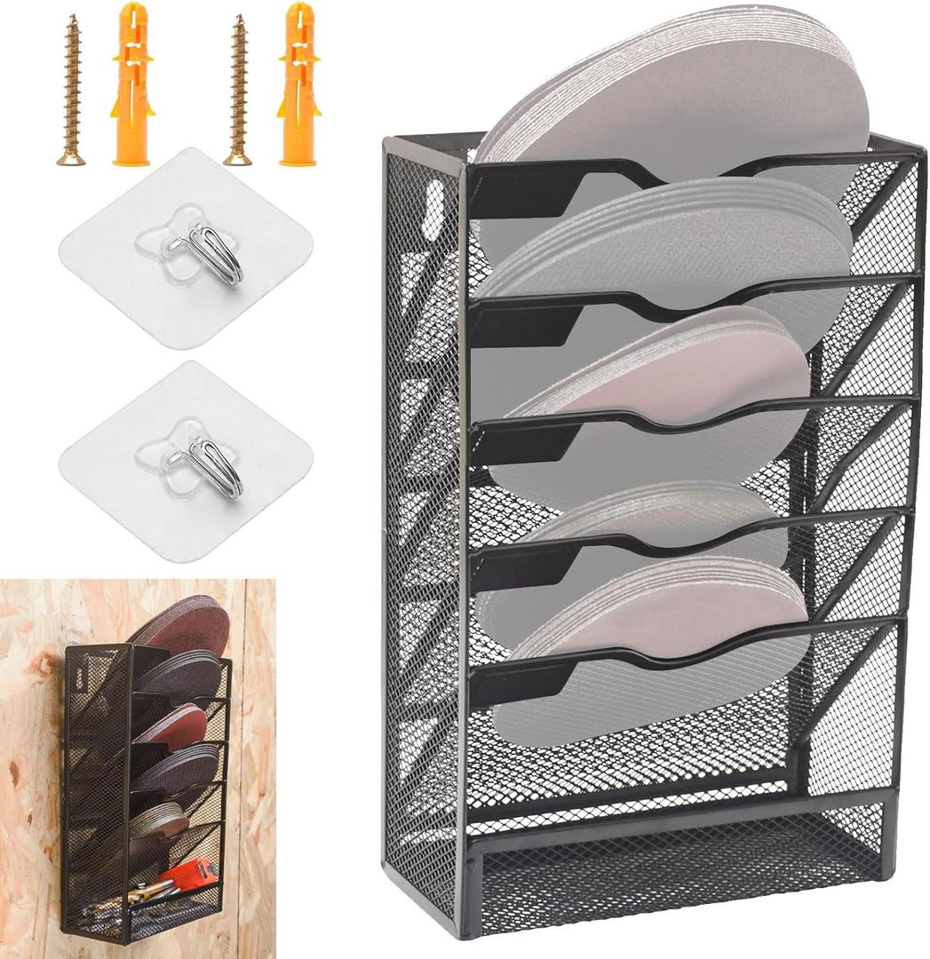Hanging 5-Tier Mesh Sandpaper Organizer, Metal Sandpaper Organizer for 5 Inch and 6 Inch, Holds 5 Different Sandpapers, Sandpaper Storage Rack, Sandpaper Tool Accessories (Excludes sandpaper)- Black