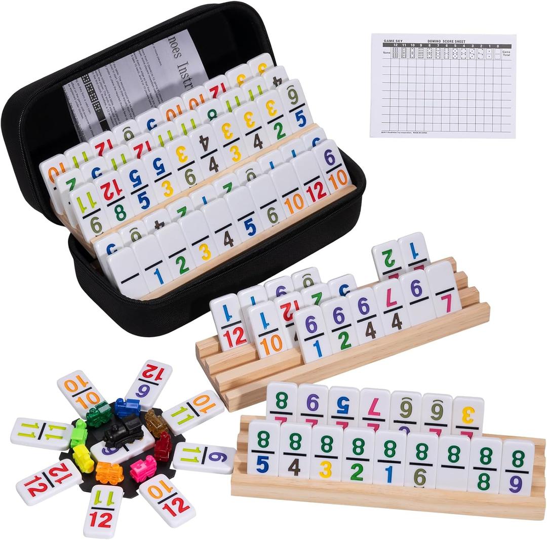 Mexican Train Dominoes Set with 91 Number Tiles, 4 Wooden Racks, Double 12 Dominoes Game Set for Family Fun, Parties, and Travel