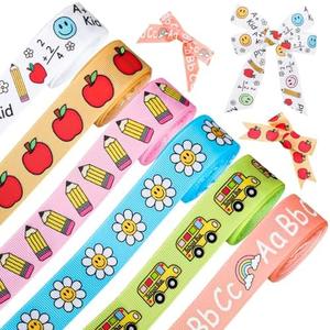 Whaline 5 Rolls Back to School Grosgrain Ribbons Groovy Pastel Fabric Craft Ribbon School Bus Daisy Pencil Apples ABC Ribbon for Wreath Bow Gift Wrap Party Decor, 7/8", 30 Yards