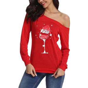 Women's Sexy Off Shoulder Christmas Print T-Shirt Long Sleeve Holiday Merry Xmas Tunic Tops (Red, XXL)