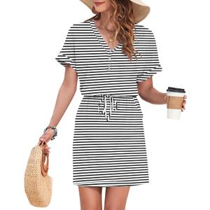 AUSELILY Womens Summer Dress 2026 Casual Short Sleeve Sundress V Neck Tie Button Beach Swing Dresses with Pockets (White, XL)