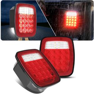 Brake Tail Lights Lamps Assembly for 1976-2006 Jeep Wrangler YJ TJ CJ, Red Square Combination Flatbed Trucks Turn Taillights, w/Backup Reverse License Rear Lights for Trailer Boat RV 12V 38LED, 2PCS