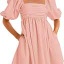Ebifin Womens Square Neck Dresses Half Puff Sleeve High Waist A-Line Casual Backless Smocked Short Babydoll Mini Dress (1-pink) Medium