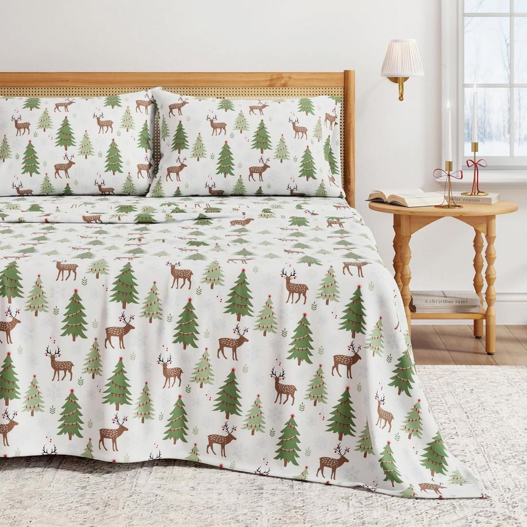 Great Bay Home Christmas Flannel Sheet Set Queen Size - 100% Turkish Cotton, Double-Brushed, Winter Bed Sheets - Ultra-Soft, Cozy, 4-Piece Holiday Bedding Set (Deer, Trees, & Snow)
