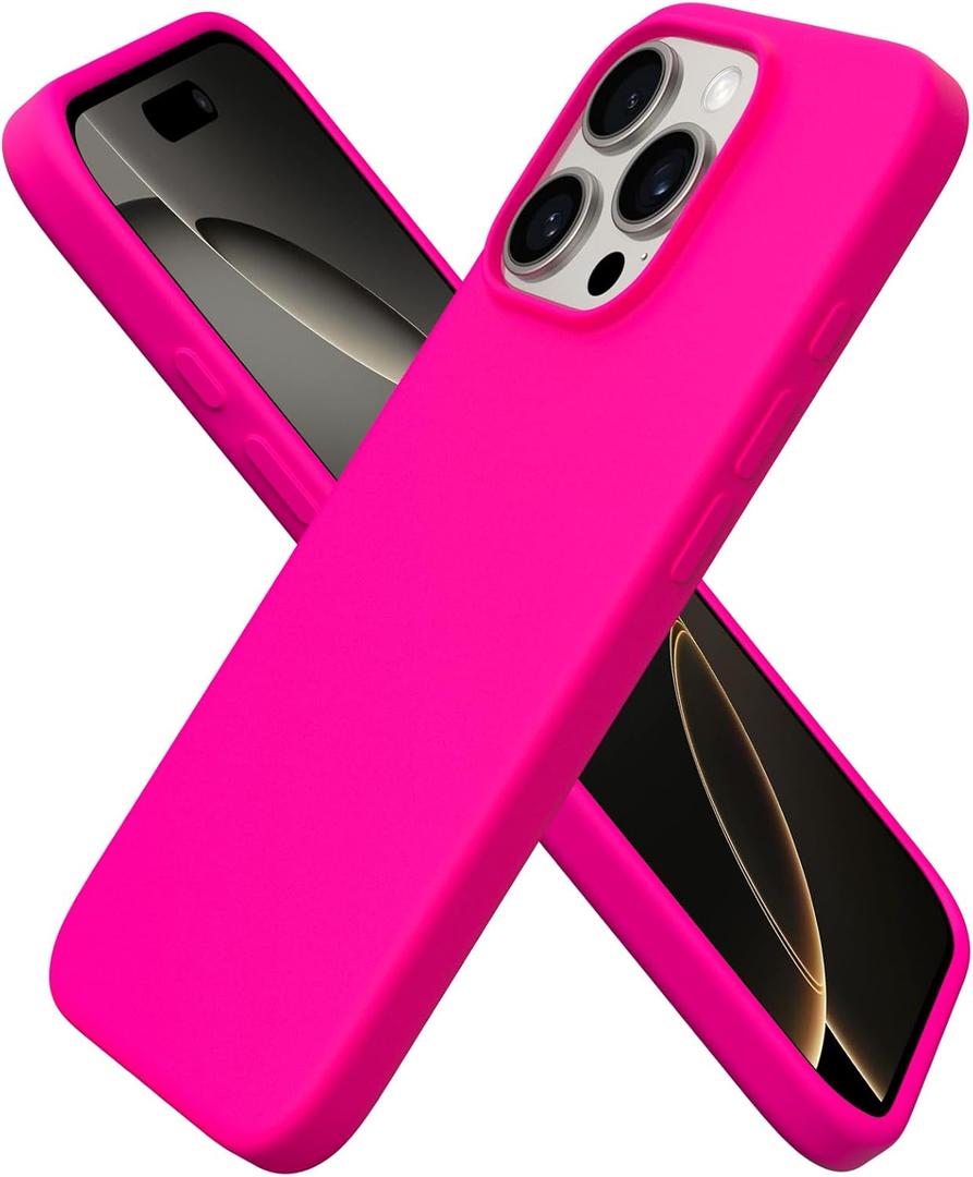 ORNARTO Compatible with iPhone 16 Pro Case 6.3", Slim Liquid Silicone 3 Layers Soft Gel Rubber Shockproof Protective Cover with Anti-Scratch Microfiber Lining-Hot Pink