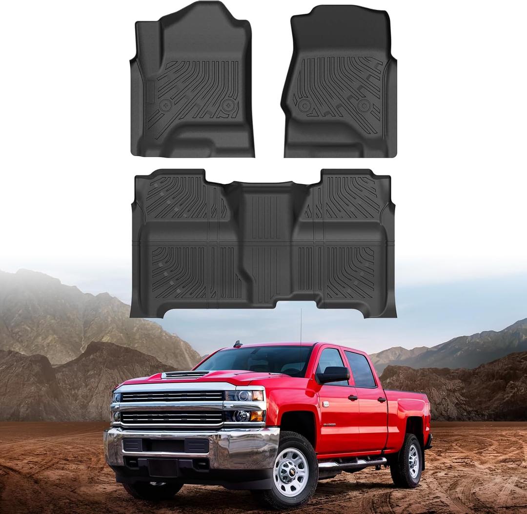 Floor Mats for 2014-2018 Chevy Silverado/Sierra 1500, 2015-2019 Silverado/Sierra 2500HD/3500HD Crew Cab, All Weather Floor Liners for Silverado Accessories, Heavy Duty TPE Car Mats