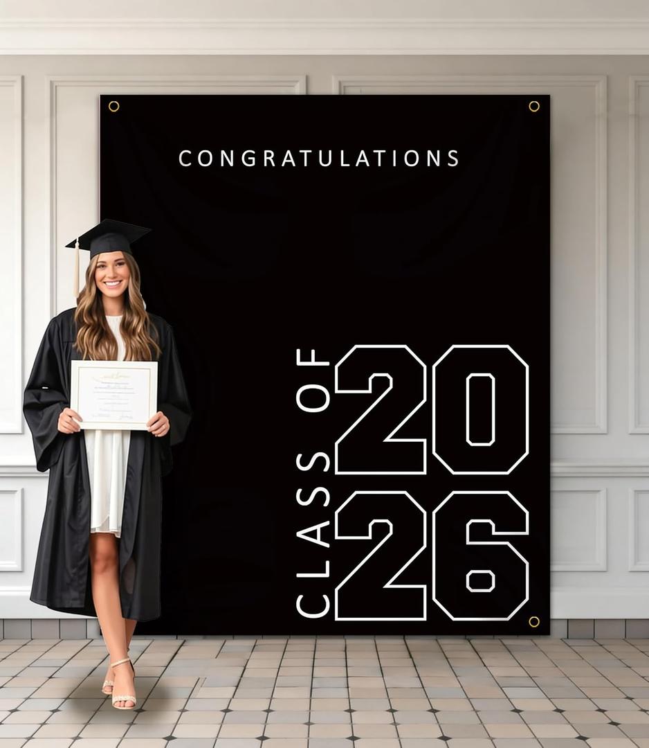 Class of 2026 Graduation Banner 5X6feet - Large CONGRATS GRAD Polyester Banner, Photo Backdrop & Wall Decor for Commencement Party Supplies, Black and White Graduation Party Decorations for High School & College