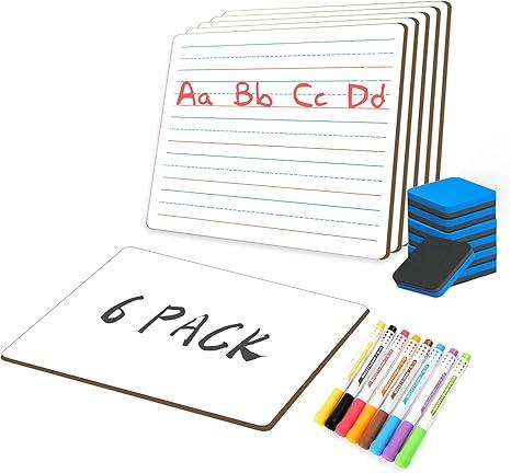 6pack Dry Erase Board 9"x12"with Lines and Blank Surface Learning,Math,Writing Teacher & Homeschool Supplies Mini Whiteboard Erasers Included Colors pens