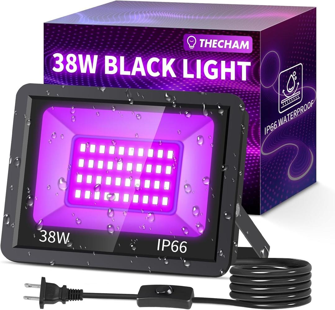 38W LED Black Lights IP66 Waterproof Black Light Outdoor with 5ft Plug+Switch,Flood Blacklight for Halloween Glow in The Dark Party Stage Light Neon Glow Birthday 1 Pack