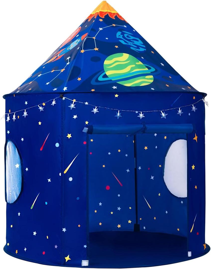 Rocket Space Ship Play Tent for Kids with Star Lights, Astronaut Themed Pop-Up Playhouse for Indoor & Outdoor, Foldable Space Adventure Gift for Boys and Girls