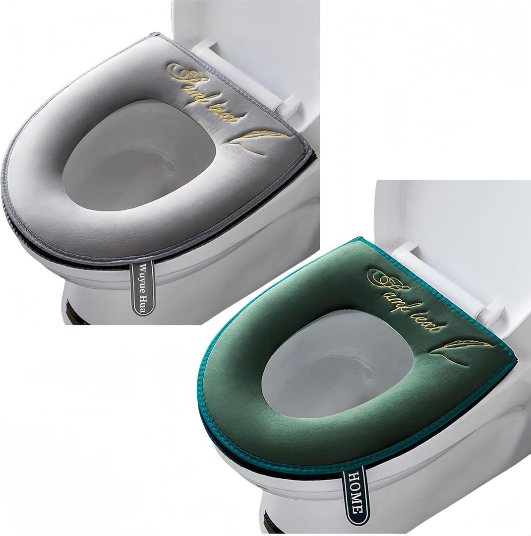 2 Pieces Bathroom Soft Toilet Seat Cover Pad with Handle Toilet Lid Cover Cushion Soft Thicker Washable Fits All Oval Toilet Seats (GRAY+GREEN, zipper)