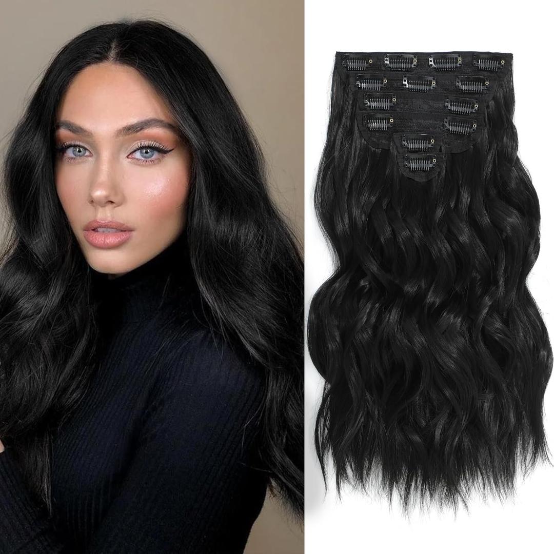 Clip in Hair Extensions, 6 PCS 1 6 Inch Hair Extensions Clip Ins, Black Long Wavy Hairpieces(16inch, 6pcs, Black) (16 Inch ( 6 PCS ), Natural Black)