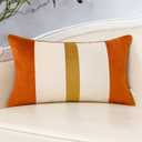 Yangest Orange Patchwork Lumbar Throw Pillow Cover Striped Velvet Cushion Case Modern Neutral Oblong Pillowcase for Sofa Couch Bedroom Living Room Home Decor, 12x20 Inch