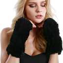 Women Fur Gloves - Real Rabbit Fur Mittens Winter Knit Warm Fingerless Hand Warmer (Black)