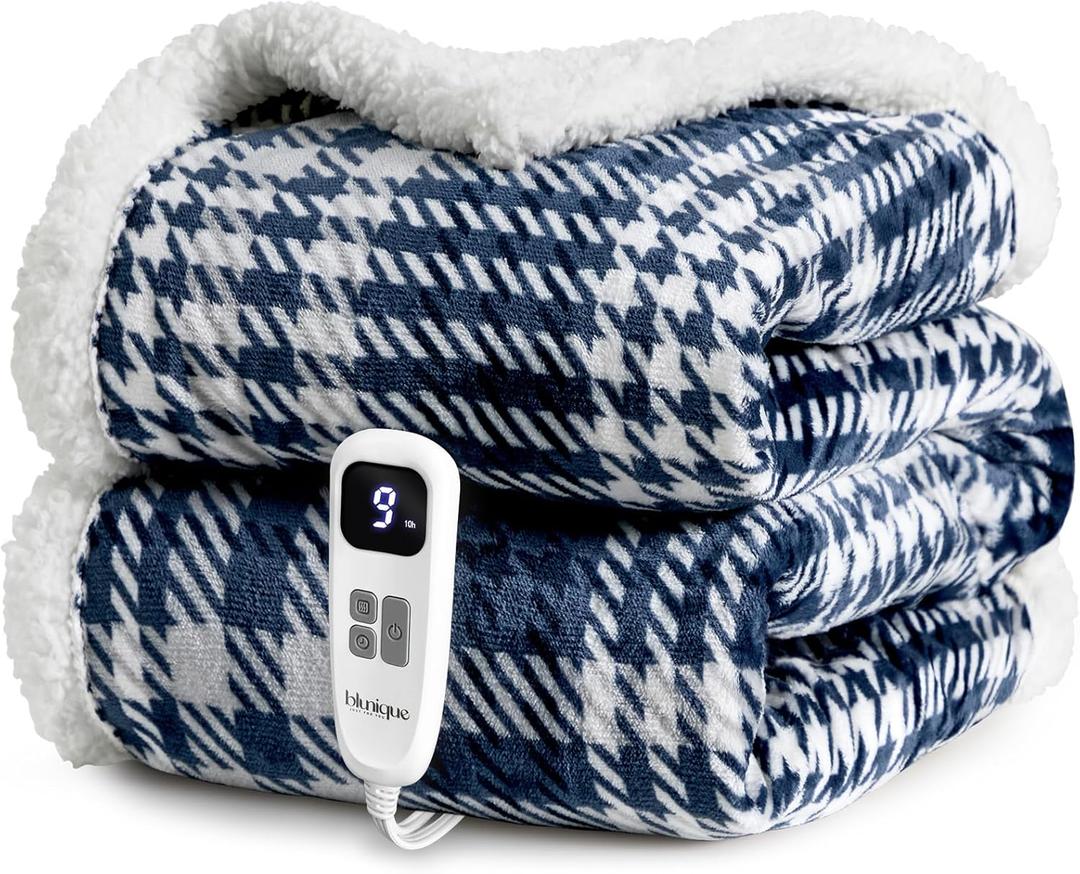blunique Heated Blanket Electric Throw-50''x60''Ultra Soft Cozy Plaid Flannel Fast Heating Electric Blanket with 10 Heat Levels & 10 Hours Auto Off, ETL Certified, Keep Warm in Couch Bed Office (Navy)