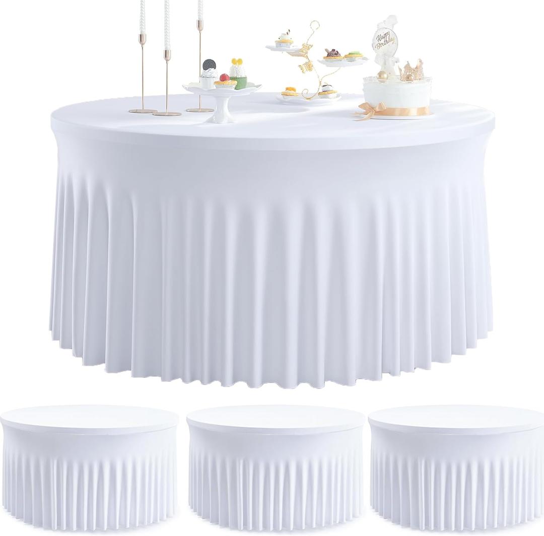 4Pack White Round Spandex Tablecloths for 60 inch Table, Stretchy Wrinkle Free 120inch Fitted 5FT Round Table Cloths Cover with Skirt for Wedding Birthday Party Dining Banquet Events
