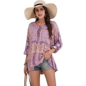 Women Boho V-Neck 3/4 Sleeves Tunic Top Relaxed Fit Casual Print Blouse, XS