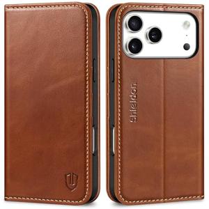 SHIELDON Genuine Leather Wallet Case for iPhone 17 Pro Max 6.9-inch 2025 | Flip | Magnetic Cover | RFID Blocking Credit Card Holder | Kickstand | Shock-Absorbent Case | Retro Brown