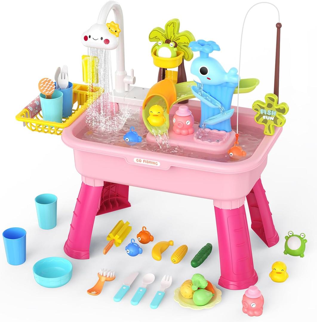 2026 Upgraded Water Table for Toddlers 1-3 - Outdoor Toys for Kids Ages 4-8 with Pump, Summer Outside Sensory Activity Pool Toys, Kitchen Play Sink Toy with Running Water, Fishing Toy, Pink