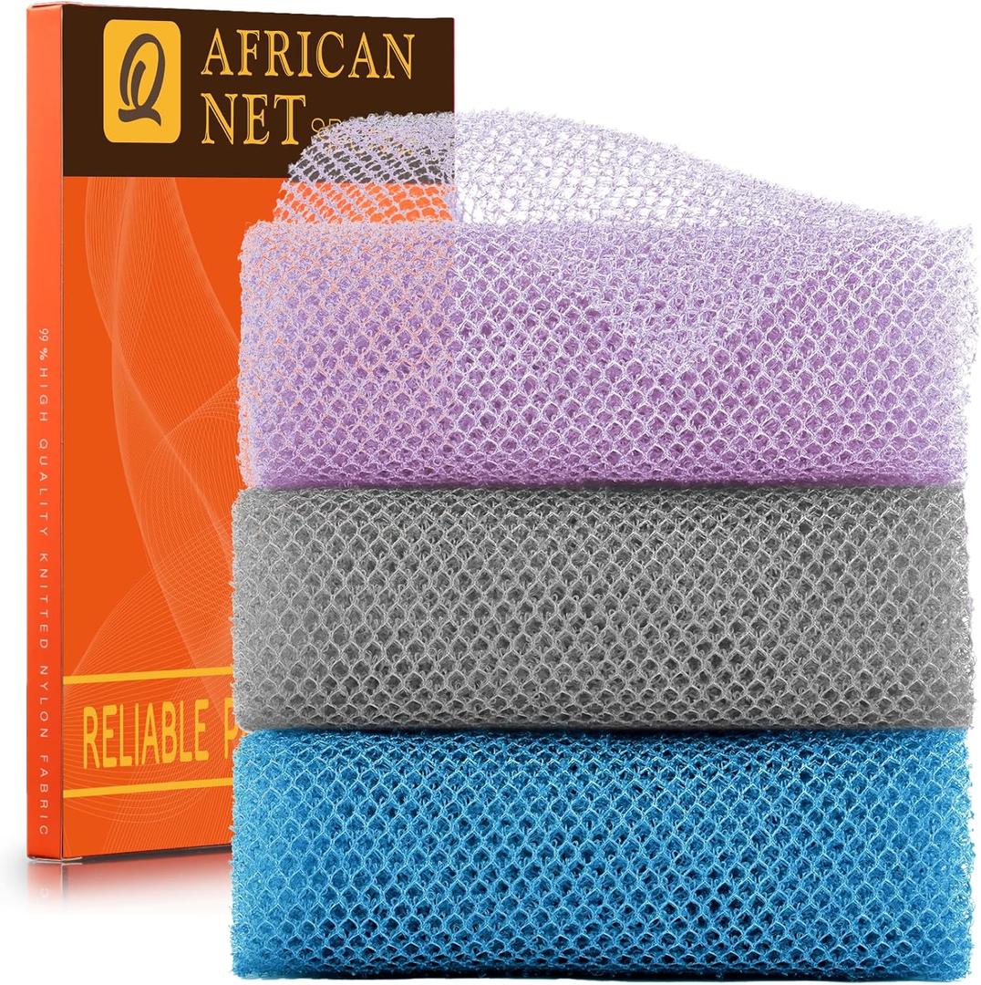 UJFQBH 3 Pieces African exfoliating net African Net Long Net Bath Sponge Exfoliating Shower Body Scrubber Back Scrubber Skin Smoother,Great for Daily Use (Purple Gray Blue)