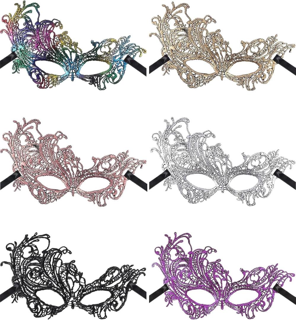 JOVITEC 6 Pieces Masquerade Mask for Women Lace Multicolored Venetian Mask for Carnival Mardi Gras Evening Prom