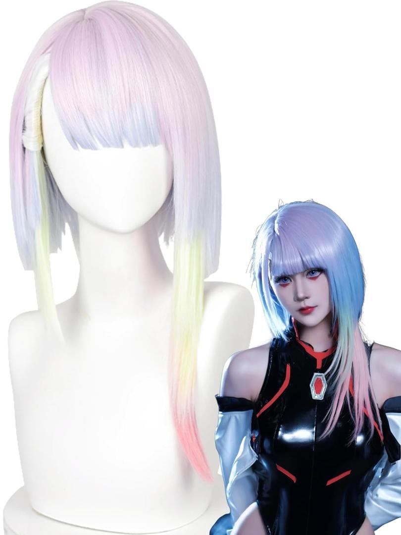 Half and Half Light Pink Purple Mixed Blue Yellow Anime Cosplay Wig 17.7'' Mid-length Rainbow Gradient Costume Wigs Synthetic Hair for Halloween Party Women (Colorful Lu-cy)