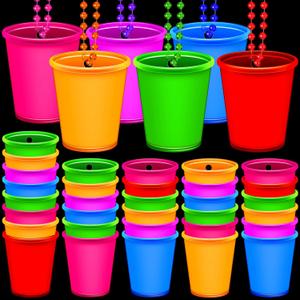 Sureio 24 Pieces Shot Glass Necklaces Light Up Necklace Shot Glasses Glow in the Dark Neon Plastic Shot Necklace Cups on Beaded for Halloween Christmas Wedding Glowing Party Favor, 6 Colors