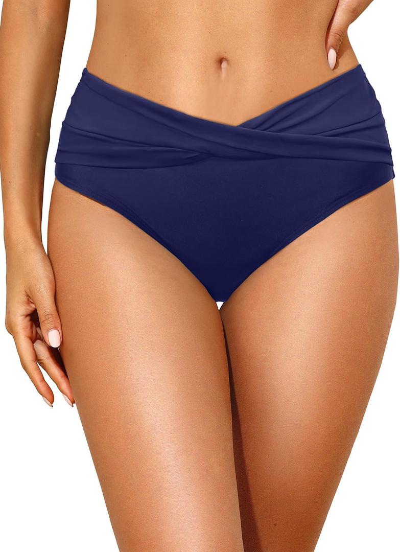 Tempt Me Women Mid Waist Bikini Bottoms - V Cut Bathing Suit Bottoms Twist Front Swimsuit Bottoms Ruched Swimwear 2025, Large