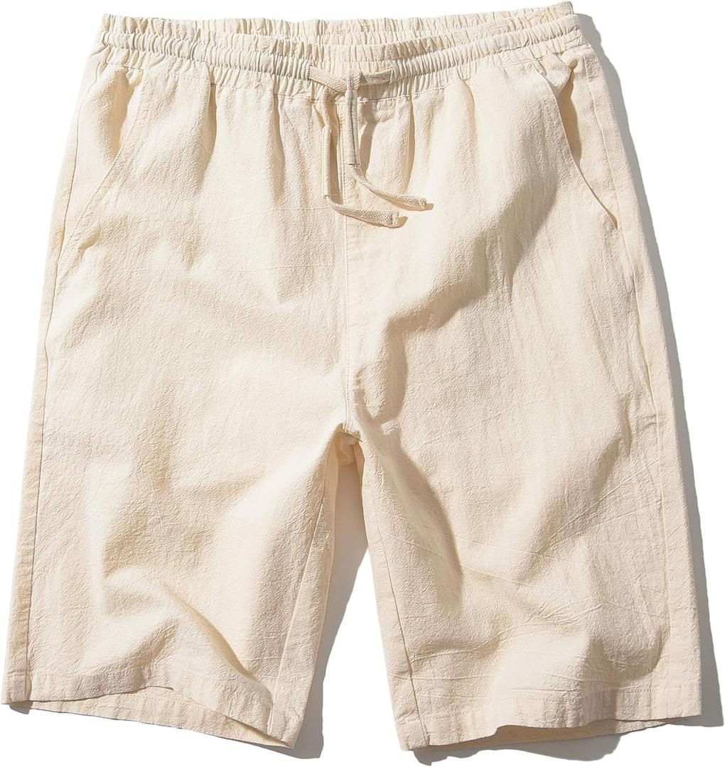 SIR7 Men's Linen Casual Classic Fit 11 Inch Inseam Elastic Waist Shorts with Drawstring (XL, Beige)