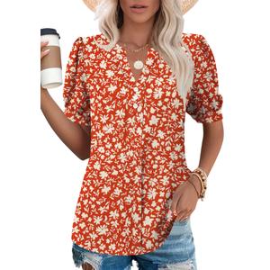 Kistore Womens Summer Short Sleeve Chiffon Blouses V Neck Button Tops Business Casual Work Shirts Red Apricot Floral S (S)