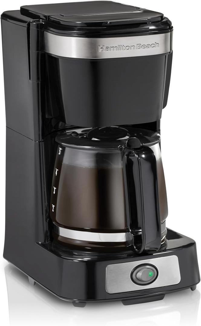 Hamilton Beach 5 Cup Drip Coffee Maker with Easy FrontFill Basket, Compact Design, Works with Smart Plugs, Glass Carafe, Auto Pause and Pour, Black & Stainless Steel (46112)