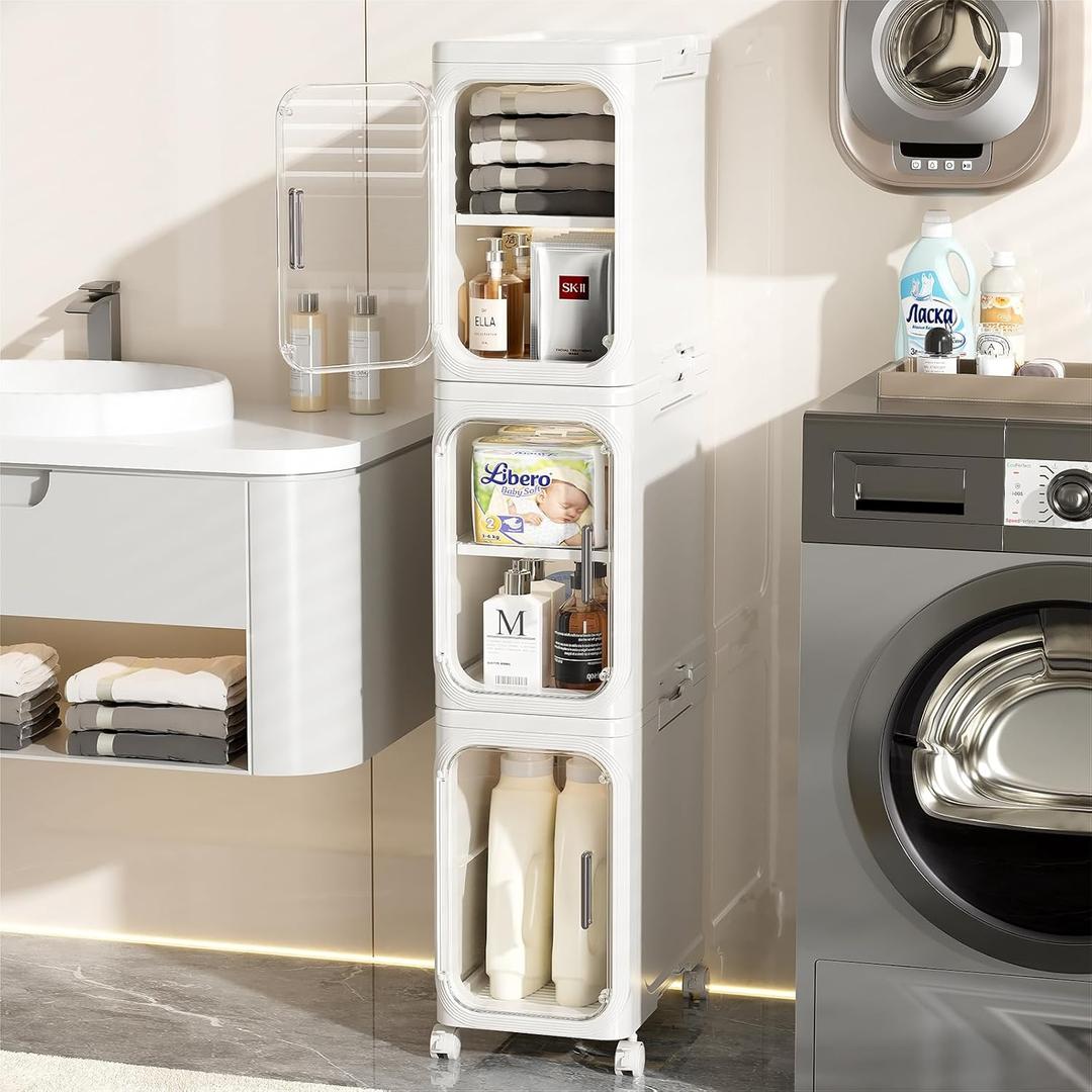 JOYZAN Narrow Bathroom Storage Cabinet with Movable Wheels, Slim Storage Cabinet with 3 Doors & Removable Panel, Skinny Bathroom Organizers and Storage for Small Space, Corner, Kitchen, Laundry