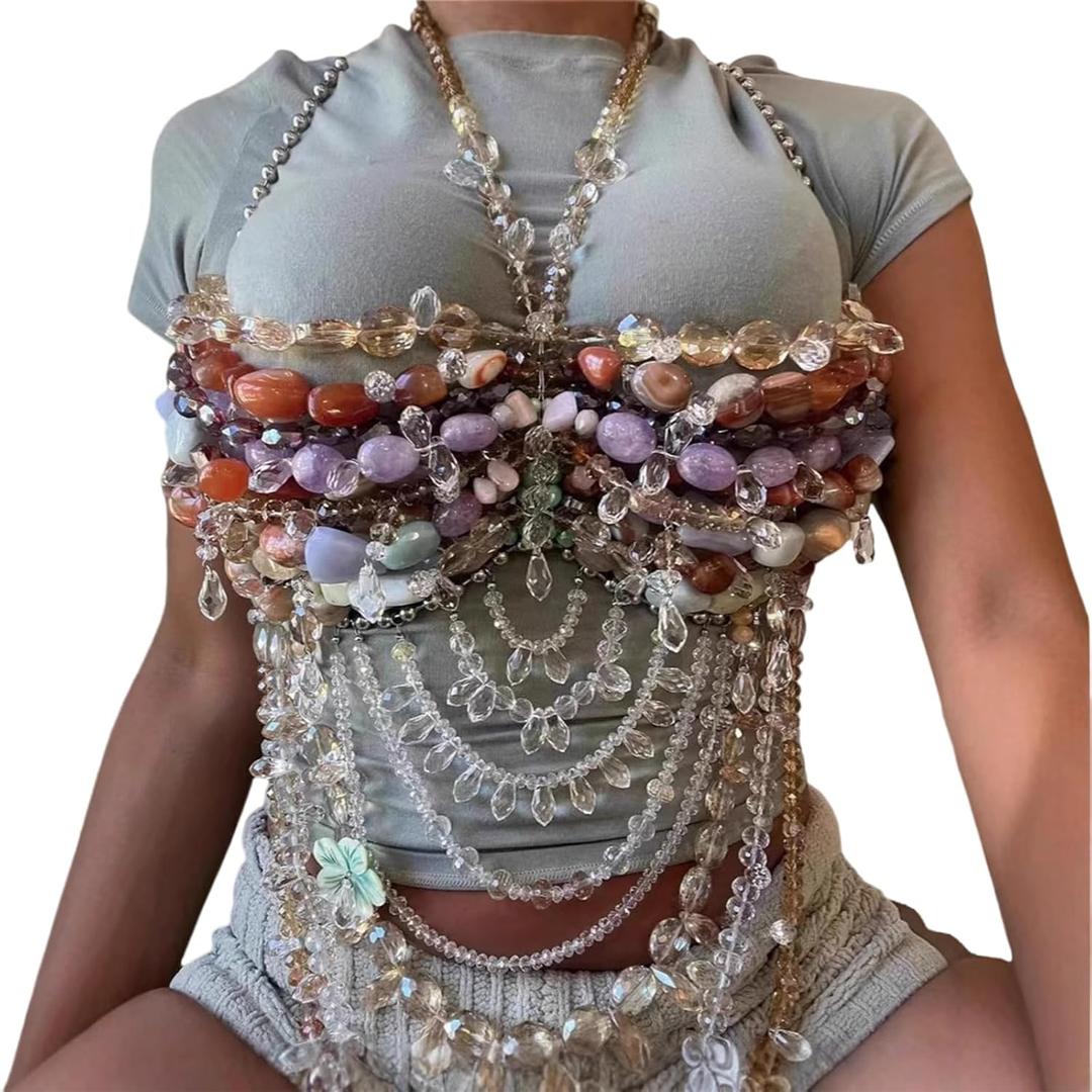 Handmade Multilayer Pearls Body Chain Top Featuring Colorful Acrylic Gemstones for Beach Parties and Club Event