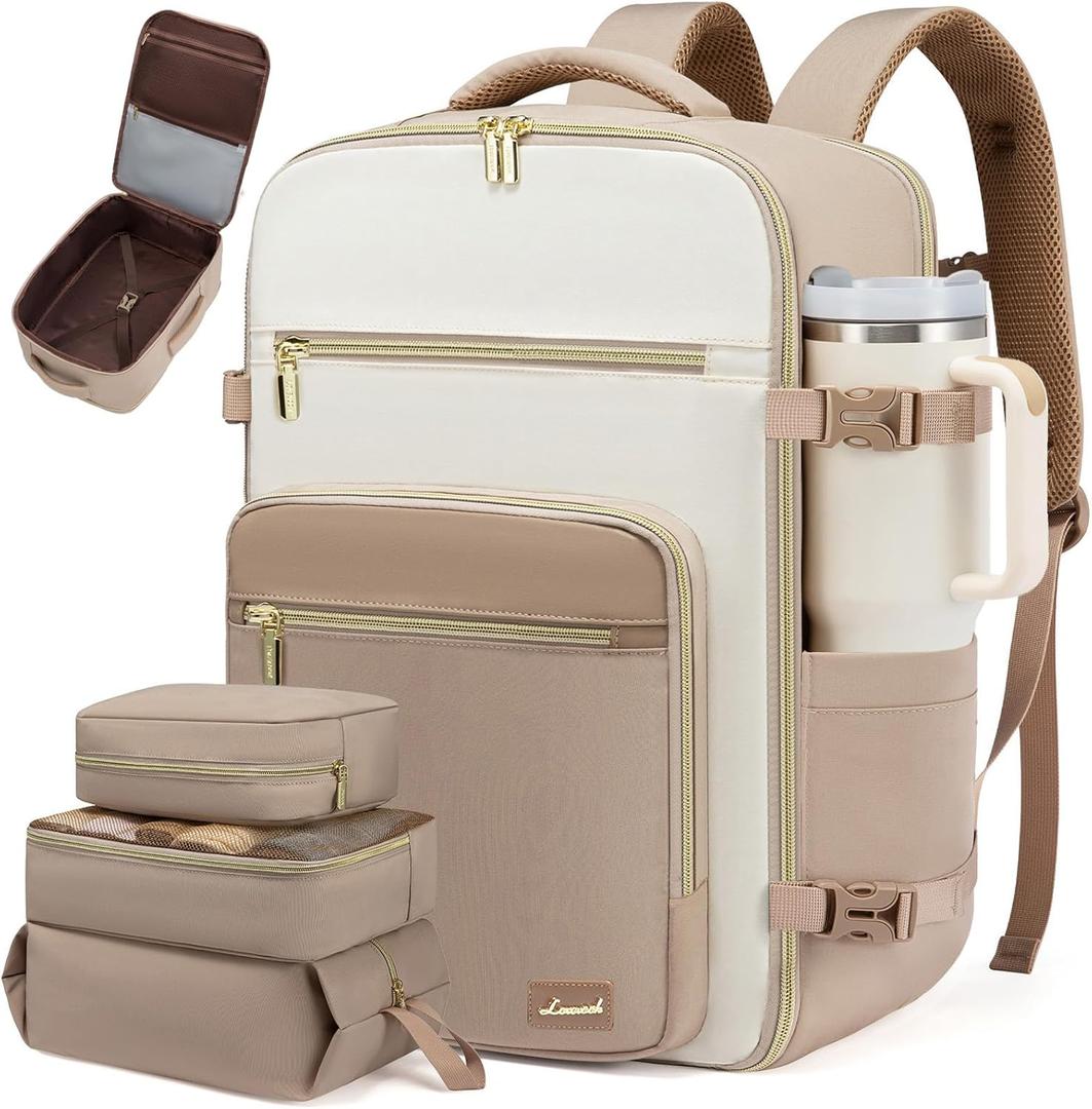 LOVEVOOK Travel Backpack For Women,40L Carry On Backpack Flight Approved,TSA Personal Item Travel Bag Fits 17 Inch Laptop,Business Weekender Overnight Daypack with Back Pad and Chest Buckle,Cubes (Off-white and Khaki)