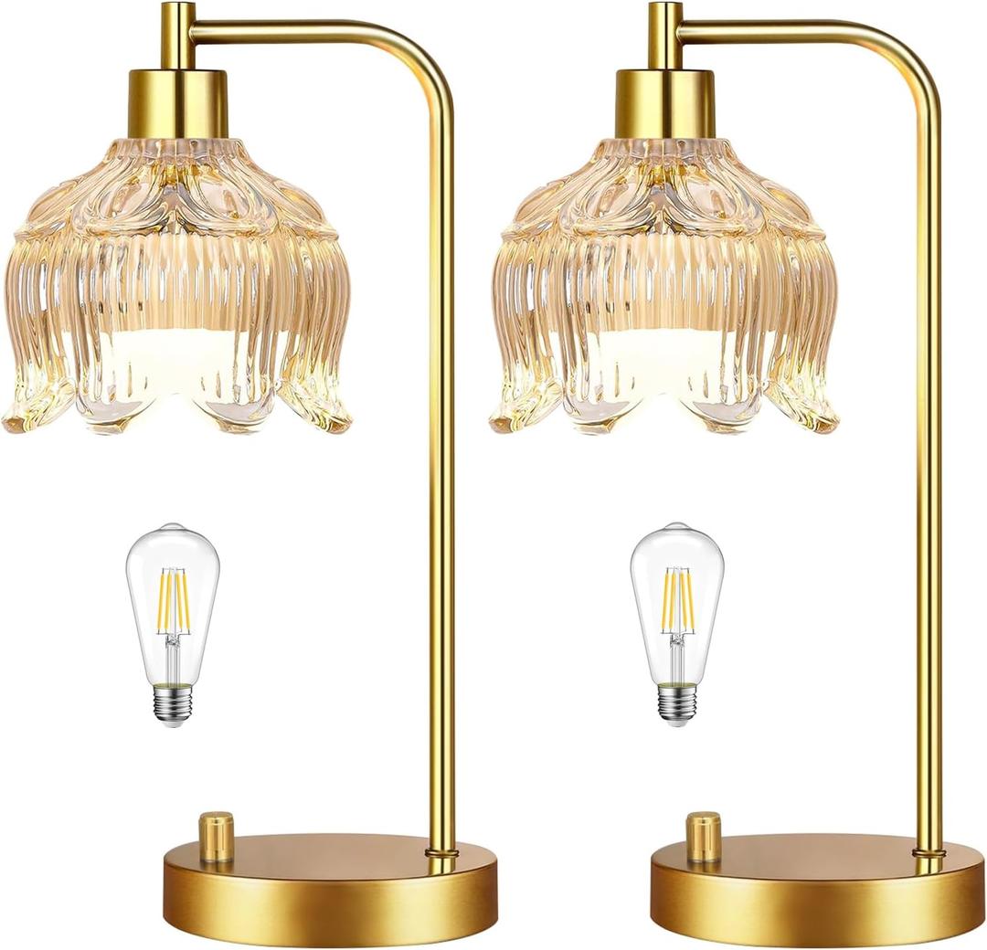 Glass Table Lamp Set of 2,Small Gold Bedside Lamps Dimmable Boho Bedroom Lamp with Tulip Flower Amber Lamp Shade,Vintage Mid Century Modern Mini Nightstand Lamp for Bedroom Living Room