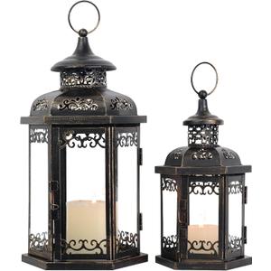 Large Lantern Decorative Outdoor & Indoor, Set of 2 (15&11) Metal Candle Lanterns Decor, Vintage Hanging Candle Holder for Front Porch Patio Wedding Farmhouse Home, Spring Decoration