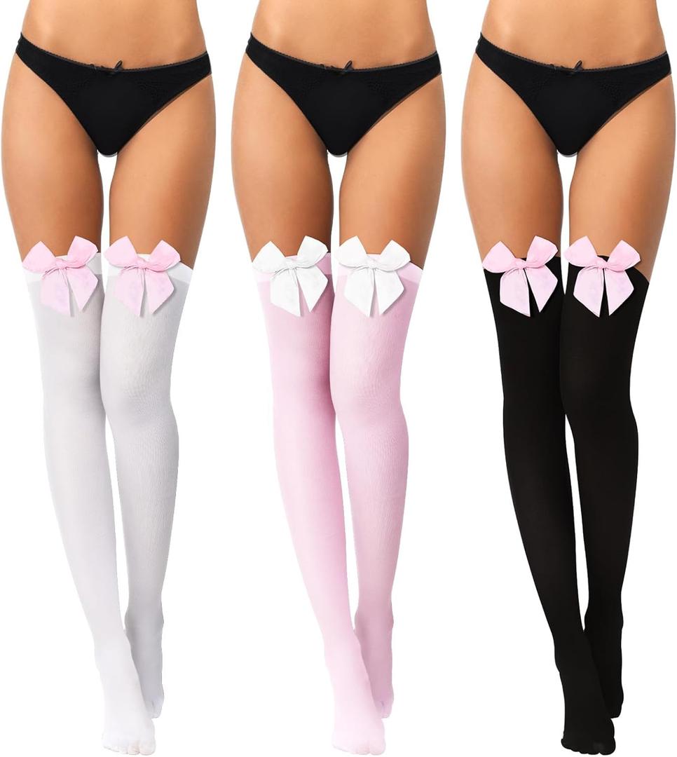 Boao 3 Pairs Thigh High Stockings Thigh High Socks with Bow for Women over Knee Lingerie Stockings for Cosplay Daily Wear (X-Large, Pink, White, Black)