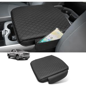 Custom for Center Console Cover 2019-2024 2025 2026 Dodge Ram 1500/2500/3500 Armrest Cover Accessories PU Leather Armrest Seat Box Cover Protector with Pockets Storage Bag (Bucket Seat Only)
