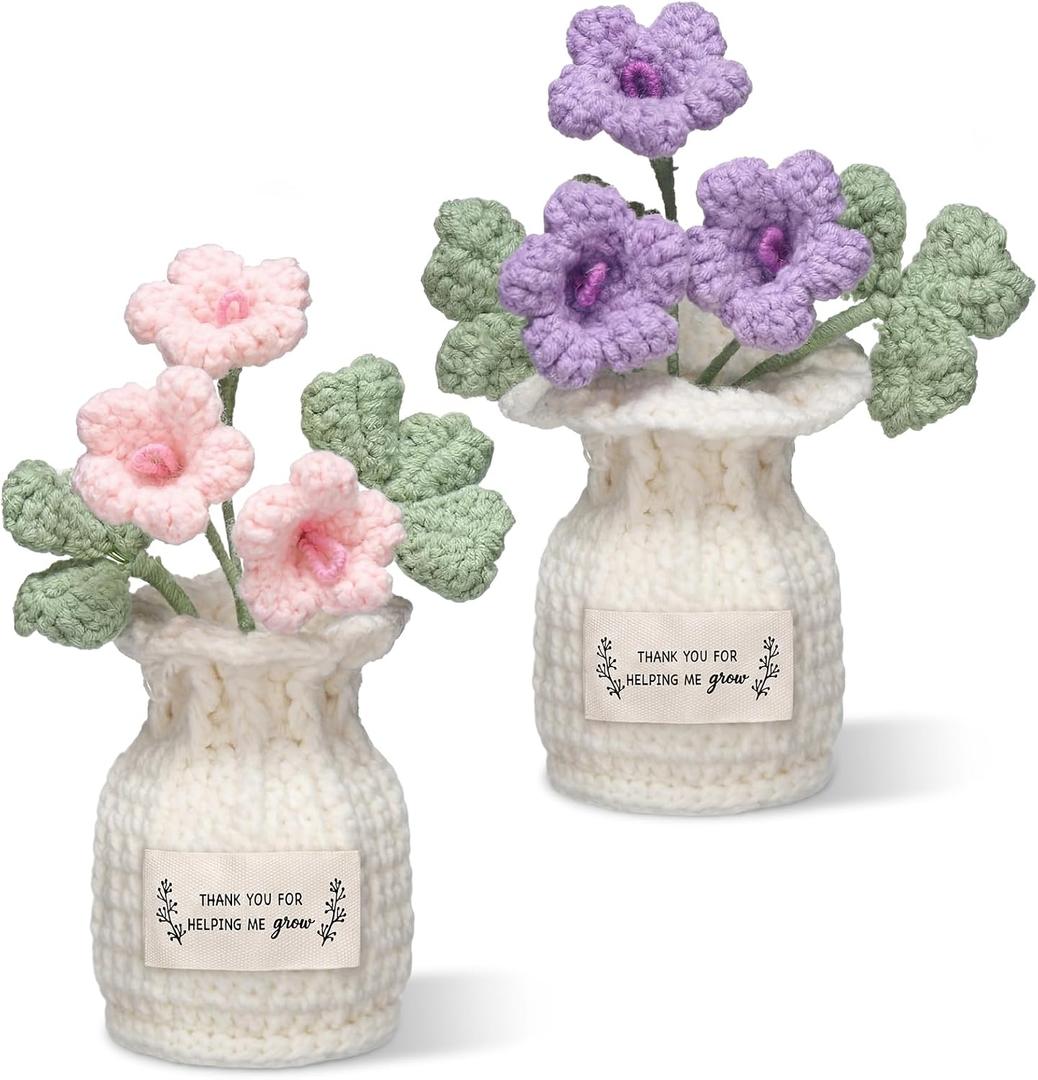 Dingion 2 Pcs Teachers Appreciation Gifts Positive Handmade Crochet Flower Thank You for Helping Me Grow Teacher Crochet for Women Teacher s Day End of Year Appreciation Gift(Creeping Oxalis)